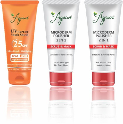 Aysun Combo Pack of UV Expert Youth Shield 25SPF & Microderm Polisher 2 in 1 Scrub-Mask Pack of 3(3 Items in the set)