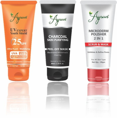 Aysun Combo Pack of UV Expert Youth Shield 25SPF & Charcoal Peel of Mask + Microderm Polisher 2 in 1 Scrub-Mask Pack of 3(3 Items in the set)