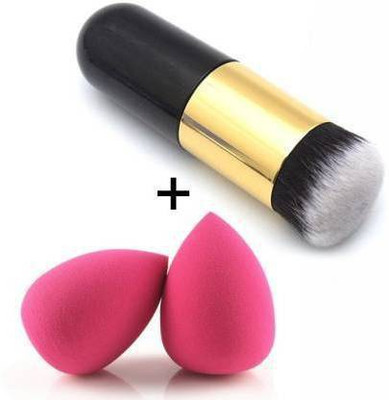 FOZZBY Soft Bristles Foundation Brush with Free 2 Sponge Puff Blenders (Pack of 3)(3 Items in the set)
