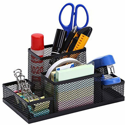 Flipco 4 Compartments Metal Mesh Desk Organizer, Mesh Office Supplies Desk Accessories.(Black)