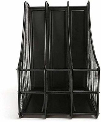 Flipco 3 Compartments Metal Mesh Magazine File Holder Desk Organizer Folder Document Rack Office and Storage(Black)