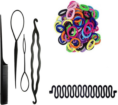 Sharum Crafts 4Pc Comb Set, 10 Rubber Band Multi & 1 French Choti Maker Hair Accessory Set(Black)