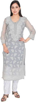Lucknowi Chikankari Women Printed A-line Kurta(Grey)