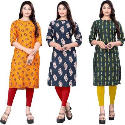 HIRLAX Women Printed Straight Kurta(Dark Blue, Green, Orange)