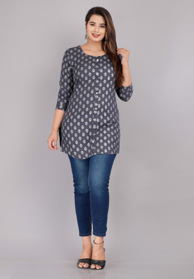 JC4U Women Printed Straight Kurta(Grey)
