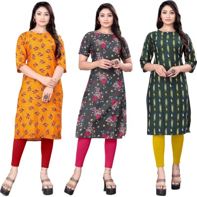 HIRLAX Women Printed Straight Kurta(Green, Orange, Grey)