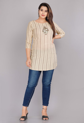 Fashion Point Women Embellished Straight Kurta(Beige)