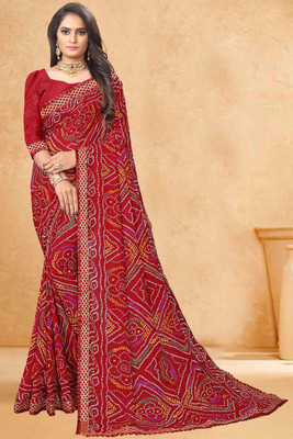 Kanooda Prints Printed Bandhani Georgette Saree(Blue)