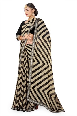 FASHION U Striped Bollywood Chiffon, Brasso Saree(Black)