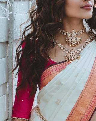 GATISHVAM TEXTILE Self Design Banarasi Art Silk Saree(White)