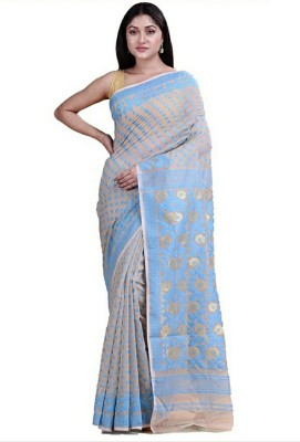 Krishneshwari Self Design, Woven Jamdani Pure Cotton Saree(Light Blue)