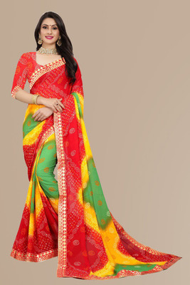 Kanooda Prints Printed Bandhani Georgette Saree(Red)