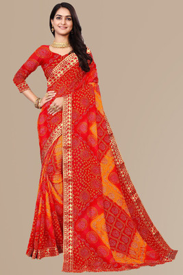 Kanooda Prints Printed Bandhani Georgette Saree(Red)