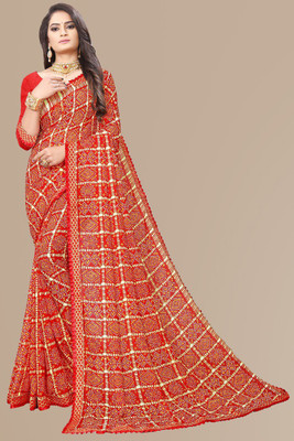 Kanooda Prints Printed Bandhani Georgette Saree(Red)