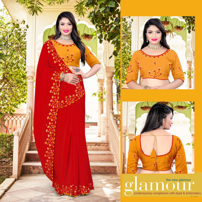 jayant creation Embroidered Bollywood Silk Blend Saree(Red)