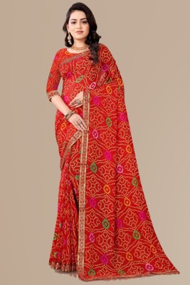 Kanooda Prints Printed Bandhani Georgette Saree(Red)