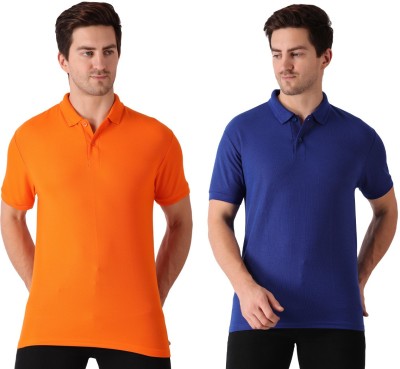 SYLZON Solid Men Polo Neck Orange, Dark Blue T-Shirt