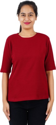 SYVI Self Design Women Round Neck Maroon T-Shirt