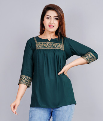 Brijam Casual Self Design Women Dark Green Top