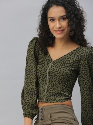 Showoff Casual Printed Women Dark Green Top