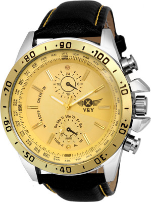 V&Y Parameter Case Exquisite Gold Chrono Dial with Black Leather Strap Analog Watch Analog Watch  - For Men