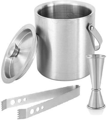 finality Double Walled 1.5L Ice Bucket With Tong And Ring Peg Measure 3 - Piece Bar Set(Stainless Steel)