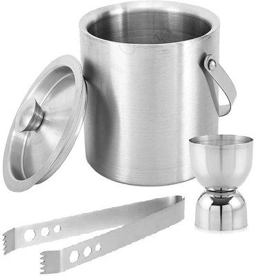 finality 1.5 L Steel Double Walled Insulated Ice Bucket with Lid, Tong and U Peg Measure Ice Bucket(Silver)