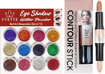 YVETTE EYE SHADOW GLITTER POWDER (12 PCS.) , Highlighter and Contour Stick(2 Items in the set)