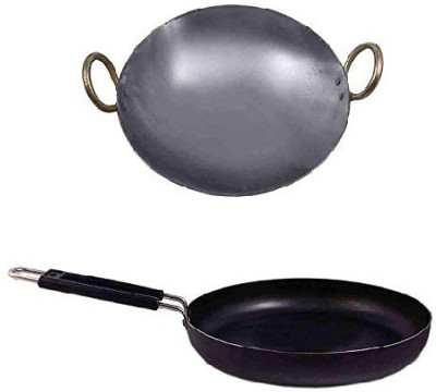 KITCHEN SHOPEE Iron Cookware Set Kadai Cooking deep Kadhai 8 in 1.5 L 10 in Iron Fry pan 2.5 L Induction Bottom Cookware Set(Iron, 2 - Piece)