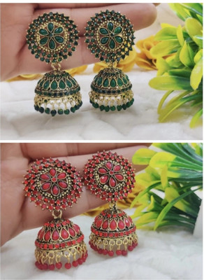 RUBI COLLECTIONS Beautiful Ani Combo Set Of 2 Pair Jhumkas Partywear.(Green & Red Color) Brass Jhumki Earring