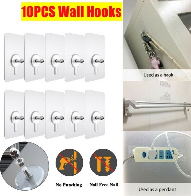ZURU BUNCH 10Pcs Self Adhesive No Drilling Heavy Duty Wall Nail Hook for Kitchen Bathroom Hook 10(Pack of 10)