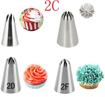 ALAMDAAR Standard Size Stainless Steel 1M 2D 2F & 2C Steel Quick Flower Baking Tools Stainless Steel Multi-opening Icing Nozzle(Silver Pack of 4)