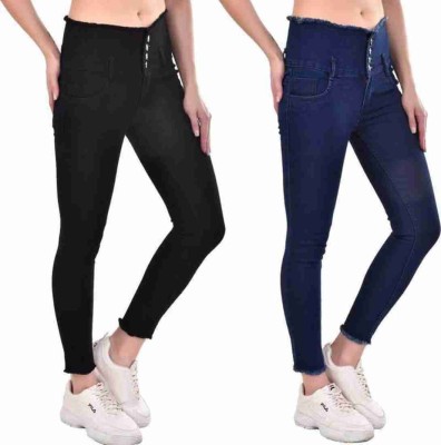 FeatherDesign Slim Women Blue, Black Jeans(Pack of 2)