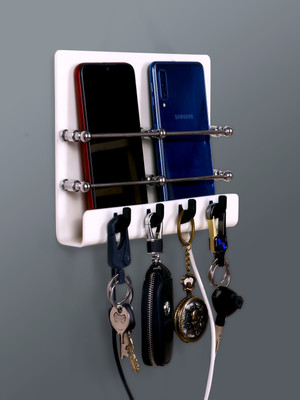 PLNJAR Key Holder, Mobile Stand, Tv Remote Holder Multipurpose Stand, Acrylic Rustproof Acrylic Key Holder(4 Hooks, White)