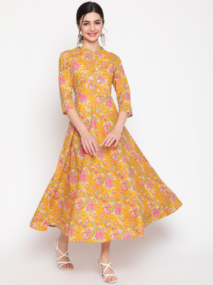 GLAM ROOTS Women Floral Print Anarkali Kurta(Yellow)