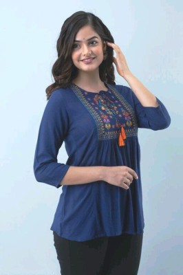 Mahinfashion Casual Embroidered Women Blue Top