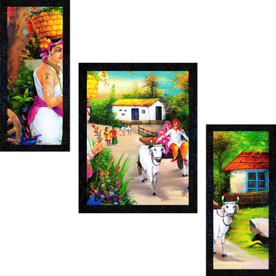 pnf Hand Painting Landscape Scenery Set of 3 painting-2743- Digital Reprint 13.5 inch x 10.5 inch Painting(With Frame, Pack of 3)