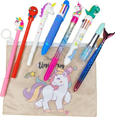 fastgear Stylish Attractive Combo Set of Multiple Pens with Transparent Pouch (Pack of 9) Gel Pen(Pack of 9, Ink Color - Blue)