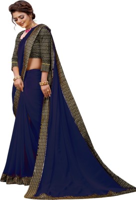 Be4Me.com Printed, Self Design, Embroidered, Solid/Plain Bollywood Georgette Saree(Dark Blue)