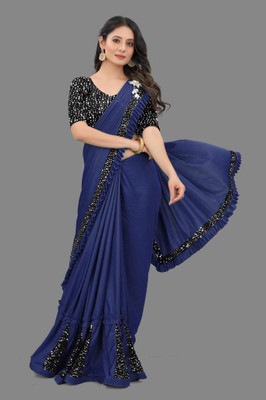 TRIMURTIPRINTS Solid/Plain Bollywood Lycra Blend Saree(Blue)