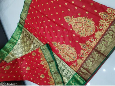 Banaras silk palace Embroidered Banarasi Satin Saree(Dark Green)