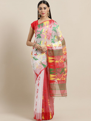 Pakilota soft dhakai Temple Border Jamdani Cotton Silk Saree(White)