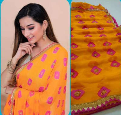 NeeLKANTH ENTERPRISE Blocked Printed Bandhani Chiffon Saree(Yellow)