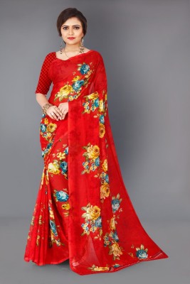 Royalstop Floral Print Daily Wear Georgette Saree(Red)