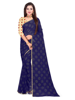 Aardiva Printed Bollywood Chiffon Saree(Dark Blue)