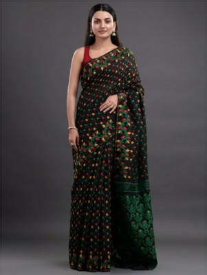 Krishneshwari Woven Jamdani Cotton Silk Saree(Green, Black)