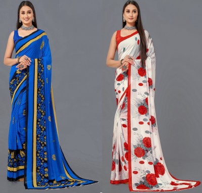 Leelavati Printed Bollywood Georgette Saree(Pack of 2, Red, White, Blue)