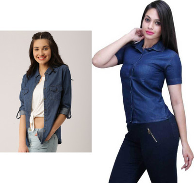 Wingzss Women Solid Formal Blue Shirt(Pack of 2)