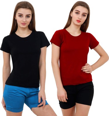 Boscage with device Solid Women Round Neck Red, Black T-Shirt