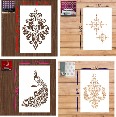 FLEXISHINE DECOR (Size:- 16X24 Inch) THEME-Damask, Modern Peacock,AND Quilting Pattern Suitable For Bedroom, Drawing Room & Office Decoration Modern Home Wall Arts Stencil(Pack of 4, Paint Home Decor)